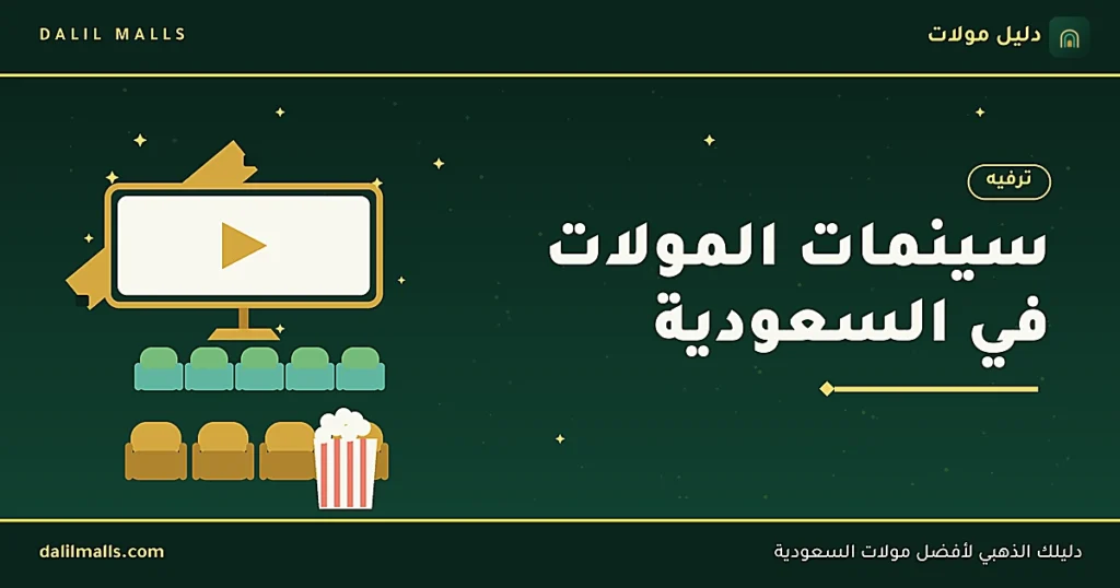 غلاف مقال سينمات المولات في السعودية — رسم لشاشة سينما ومقاعد داخل مول مع شعار دليل مولات
