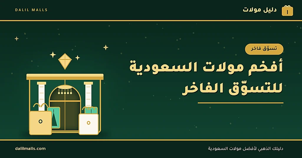 غلاف مقال أفخم مولات السعودية للتسوّق الفاخر — رسم لواجهة مول راقٍ